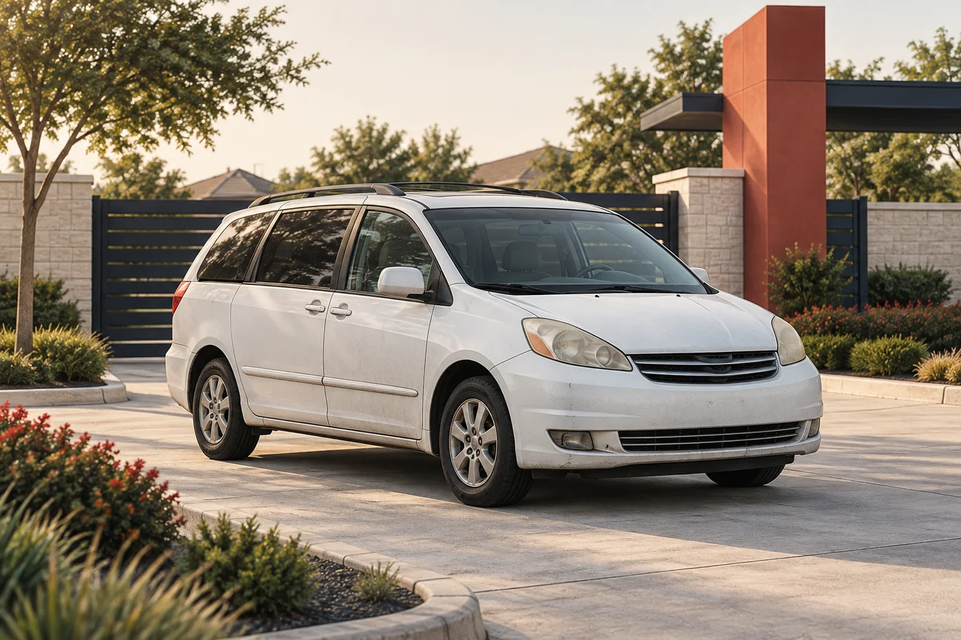 Concept illustration of a white minivan in a landscaped parking court
