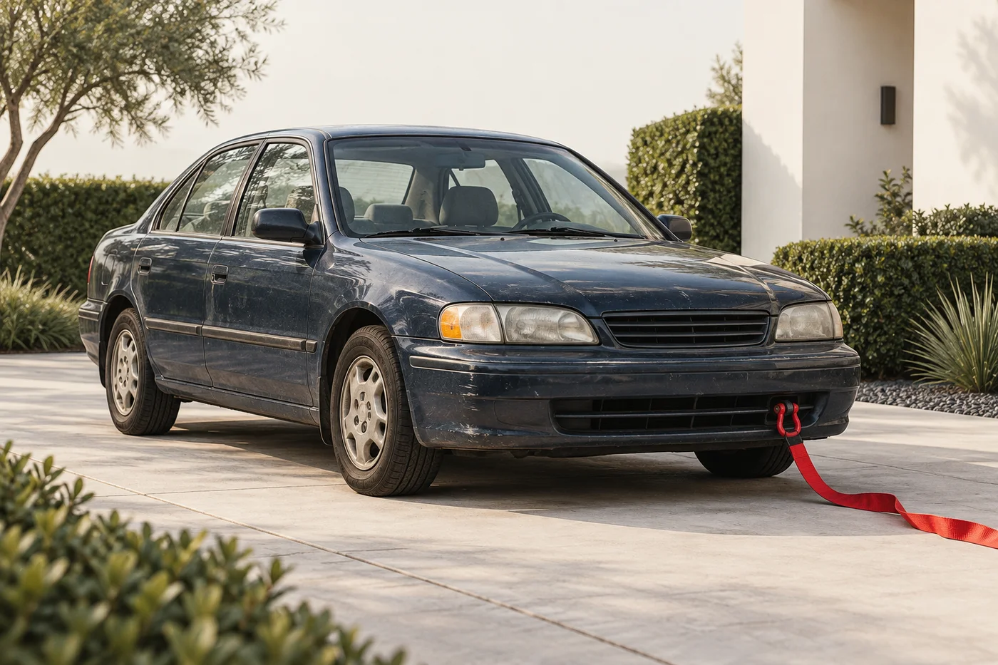Concept illustration of an older navy sedan on a driveway with a red tow strap