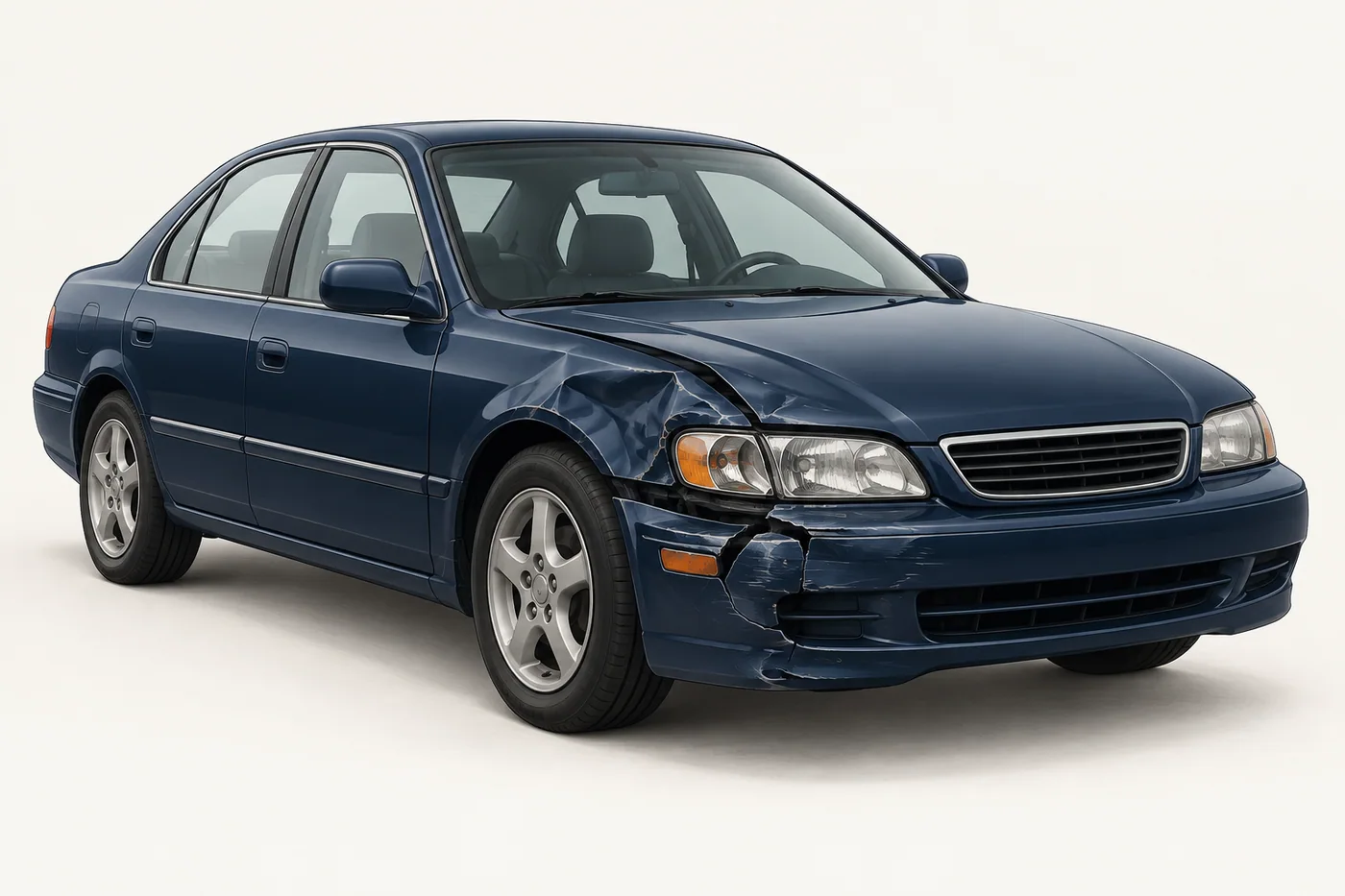Illustration of an older blue car with a damaged front fender and bumper