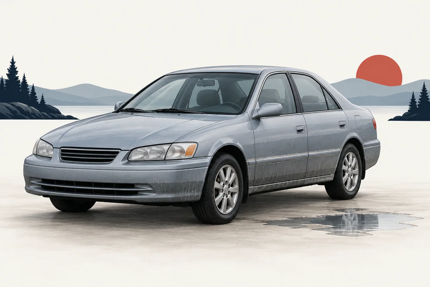 Illustration of a silver-blue car showing a dried flood-water line