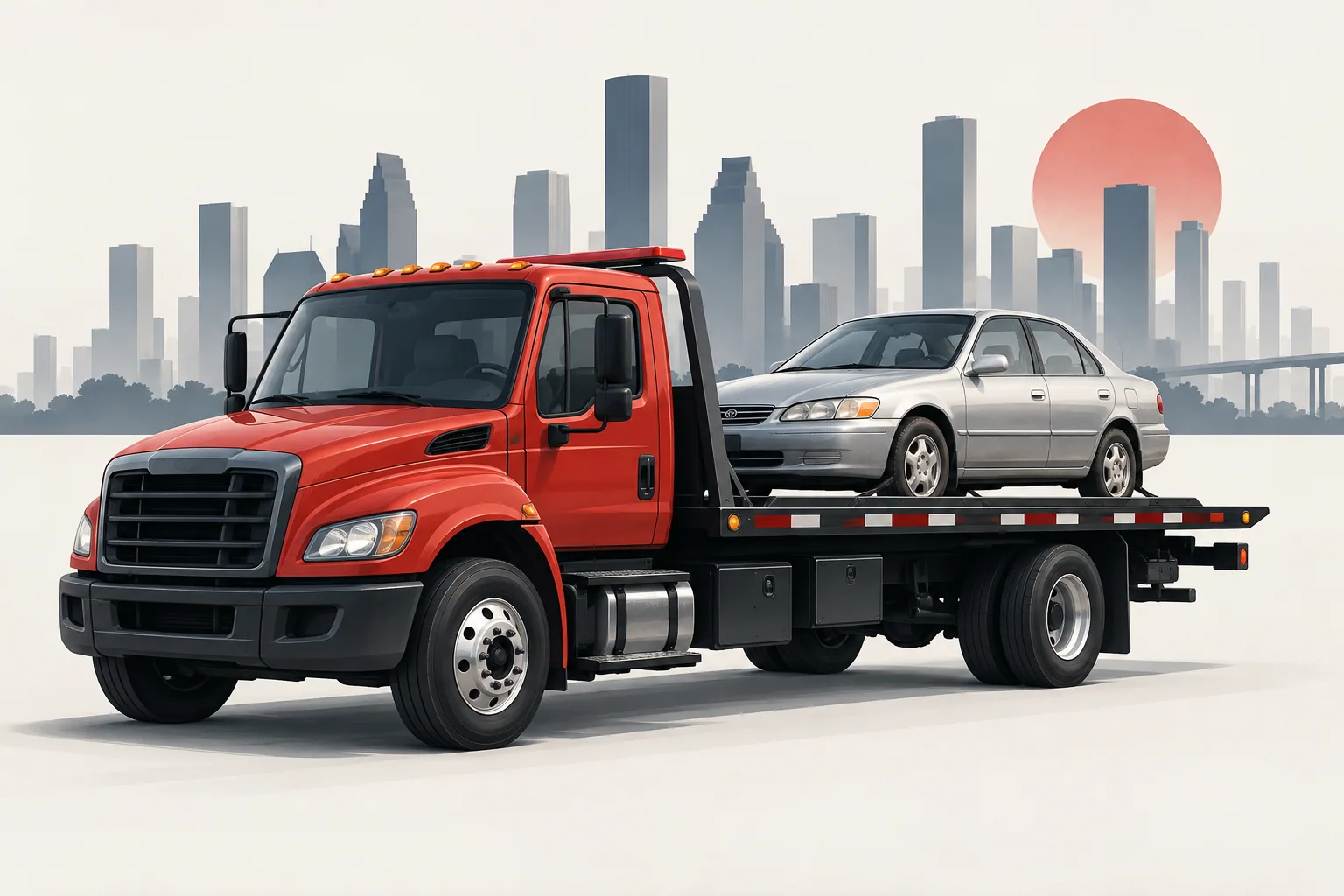 Illustration of a red tow truck carrying a silver car with the Houston skyline behind it