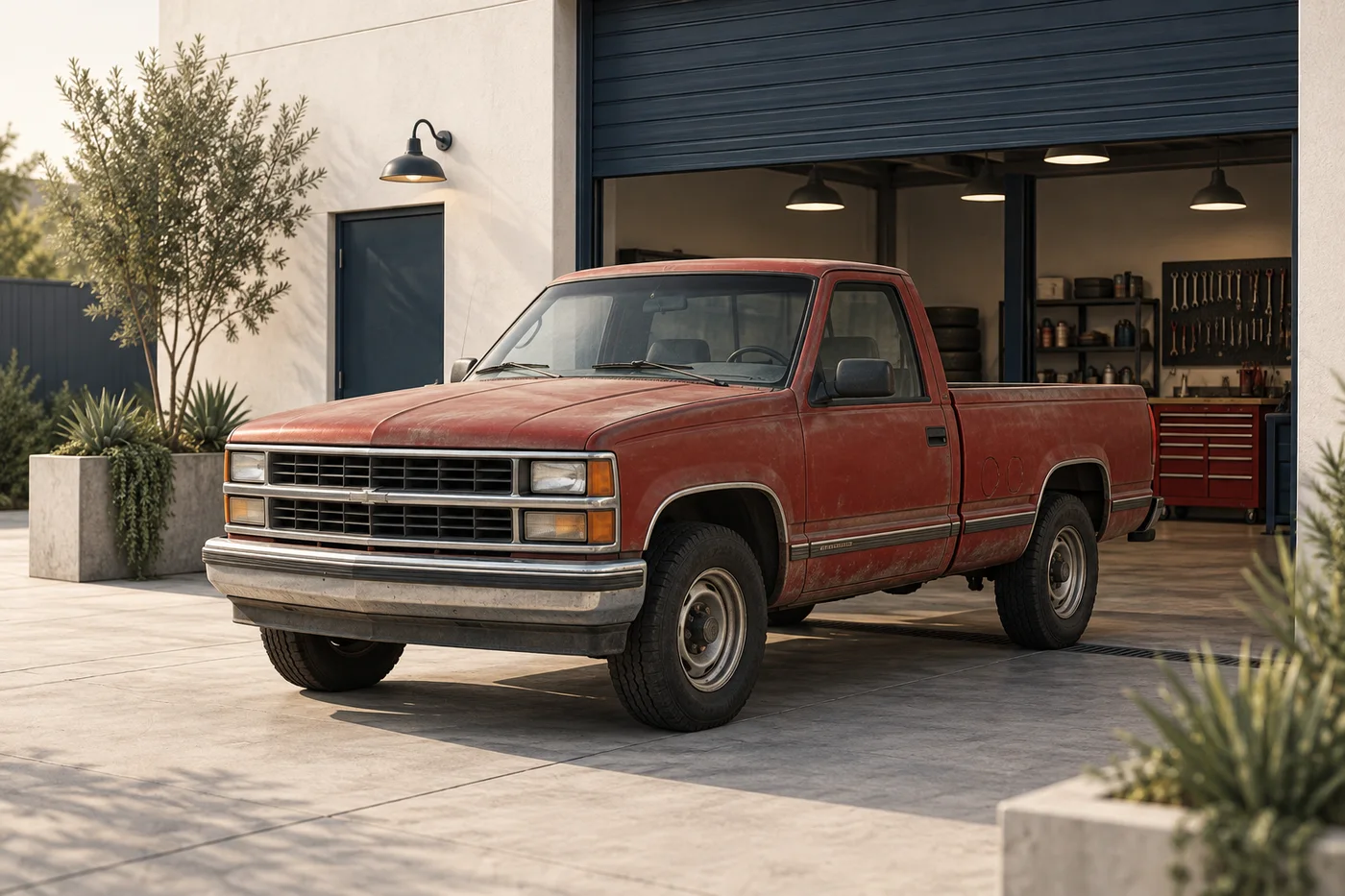 Concept illustration of a red pickup outside a repair workshop