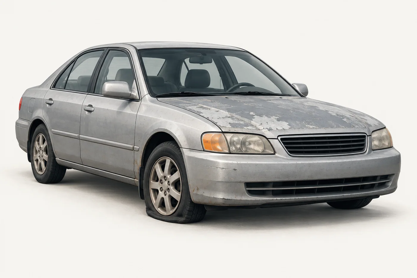 Illustration of an older silver junk car with a worn hood and flat front tire