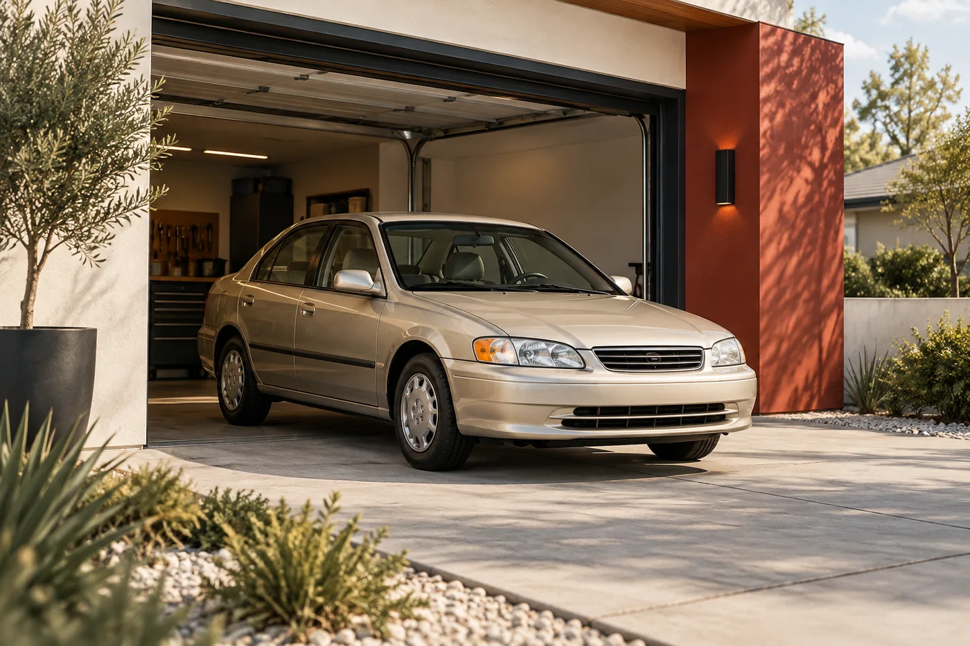 Concept illustration of an older champagne sedan at an open garage