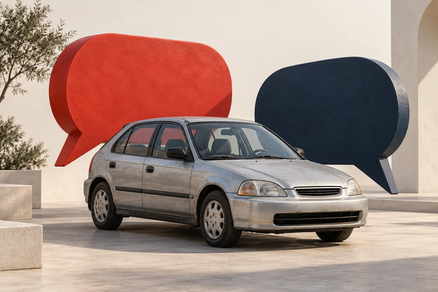 Concept illustration of a silver hatchback with red and navy speech bubbles