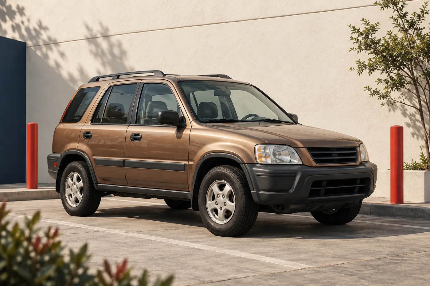 Concept illustration of a bronze SUV in a shared parking courtyard