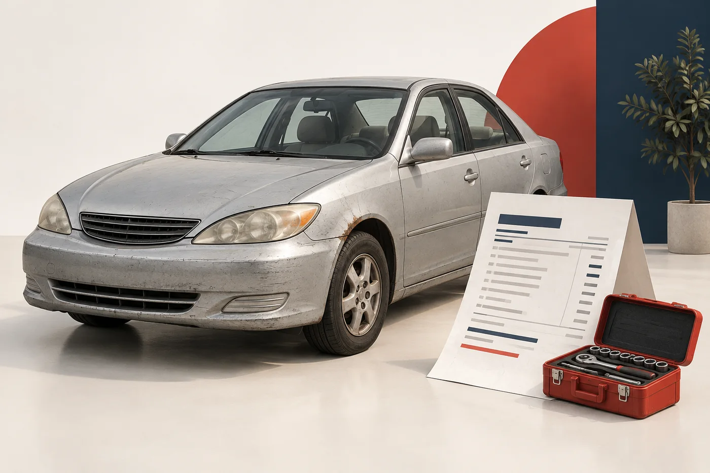 Concept illustration of a silver sedan beside a repair estimate and tool case
