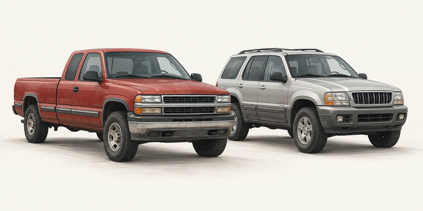 Illustration of an older red pickup truck beside a silver SUV